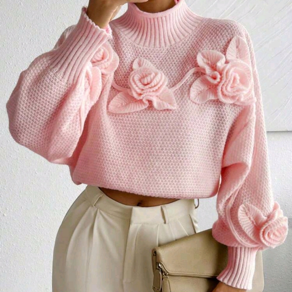 Floral Applique Crew Neck Casual Pullover Sweater - Picture 4 of 6